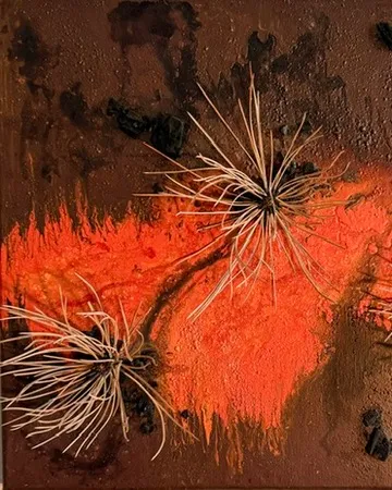 Born Of Burn, 2025. Ponderosa pine, burned wood pieces, acrylic on canvas