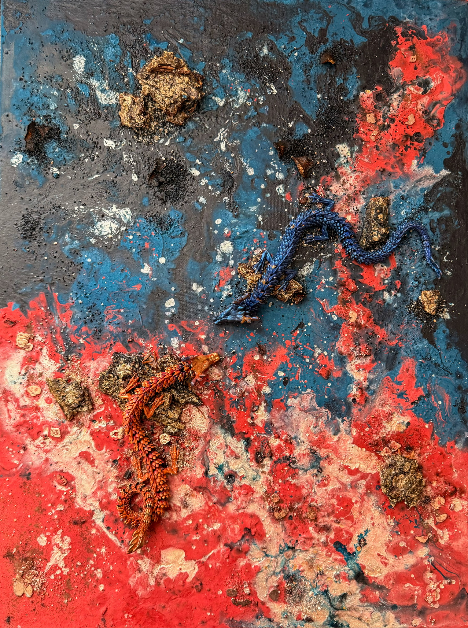 Magnet, 2026. Printed dragons, river sand, coil crumbs, bohemian truffle, acrylic on canvas.