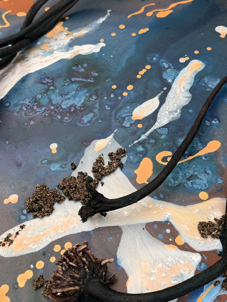 Mermaid's Dream, 2025. Bull kelp, ocean sand, burned wood and bohemian truffle pigments, acrylic on canvas