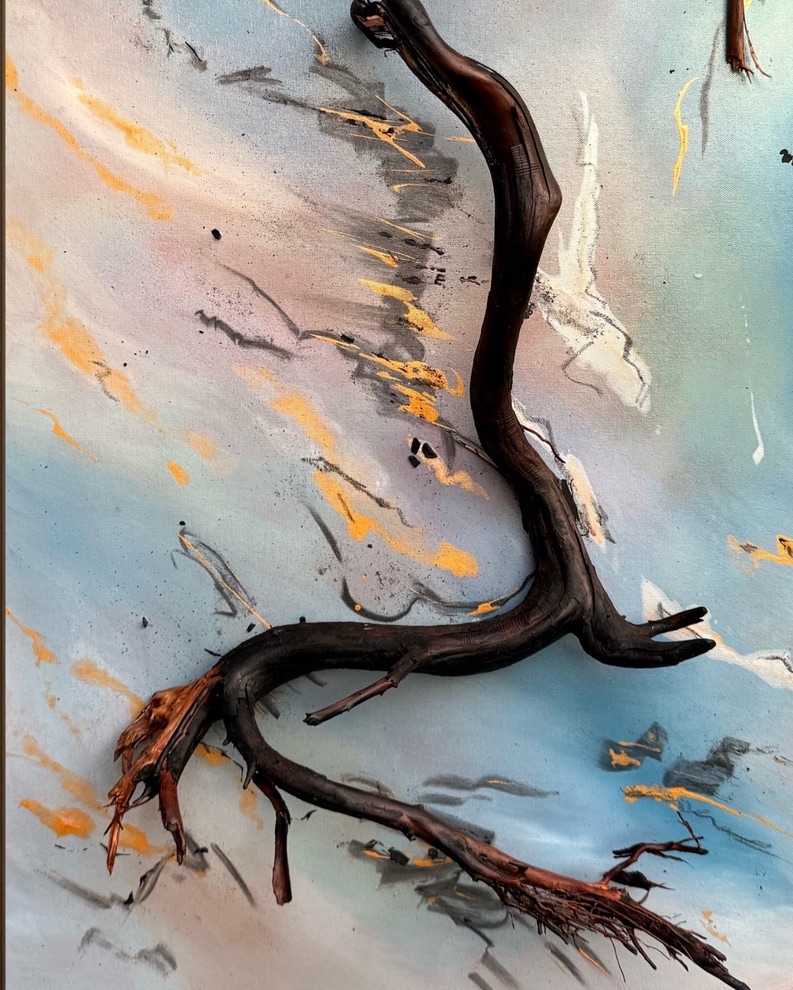 Spring Fire, 2025. Red wood root piece, burned wood pigment, burned wood pieces, acrylic on canvas.